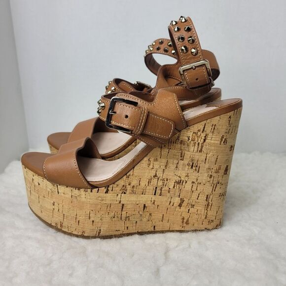 Miu Miu Women's Size 8.5 Brown Studded Spike Ankle Cork Platform Wedge Sandals - Picture 2 of 9